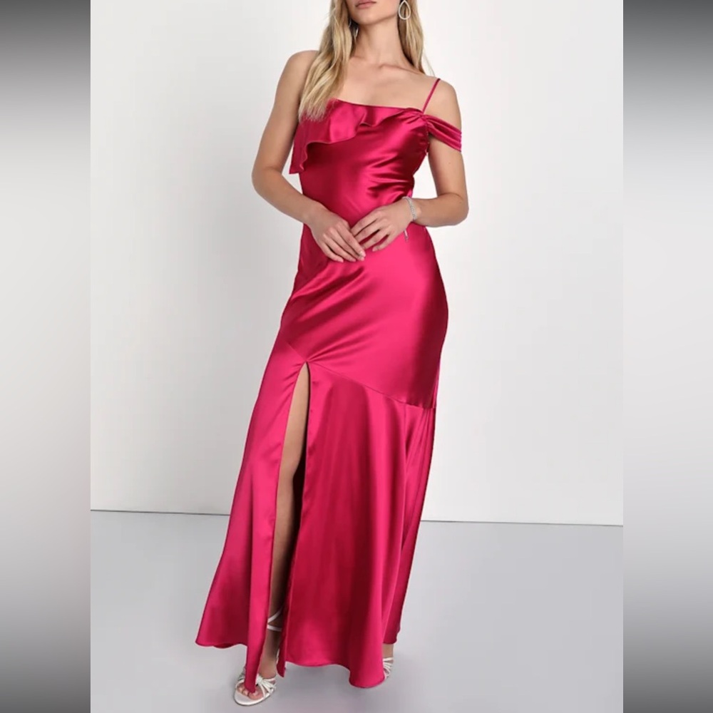 Lulu's Enchanting Aesthetic Magenta Satin Asymmetrical Maxi Dress small